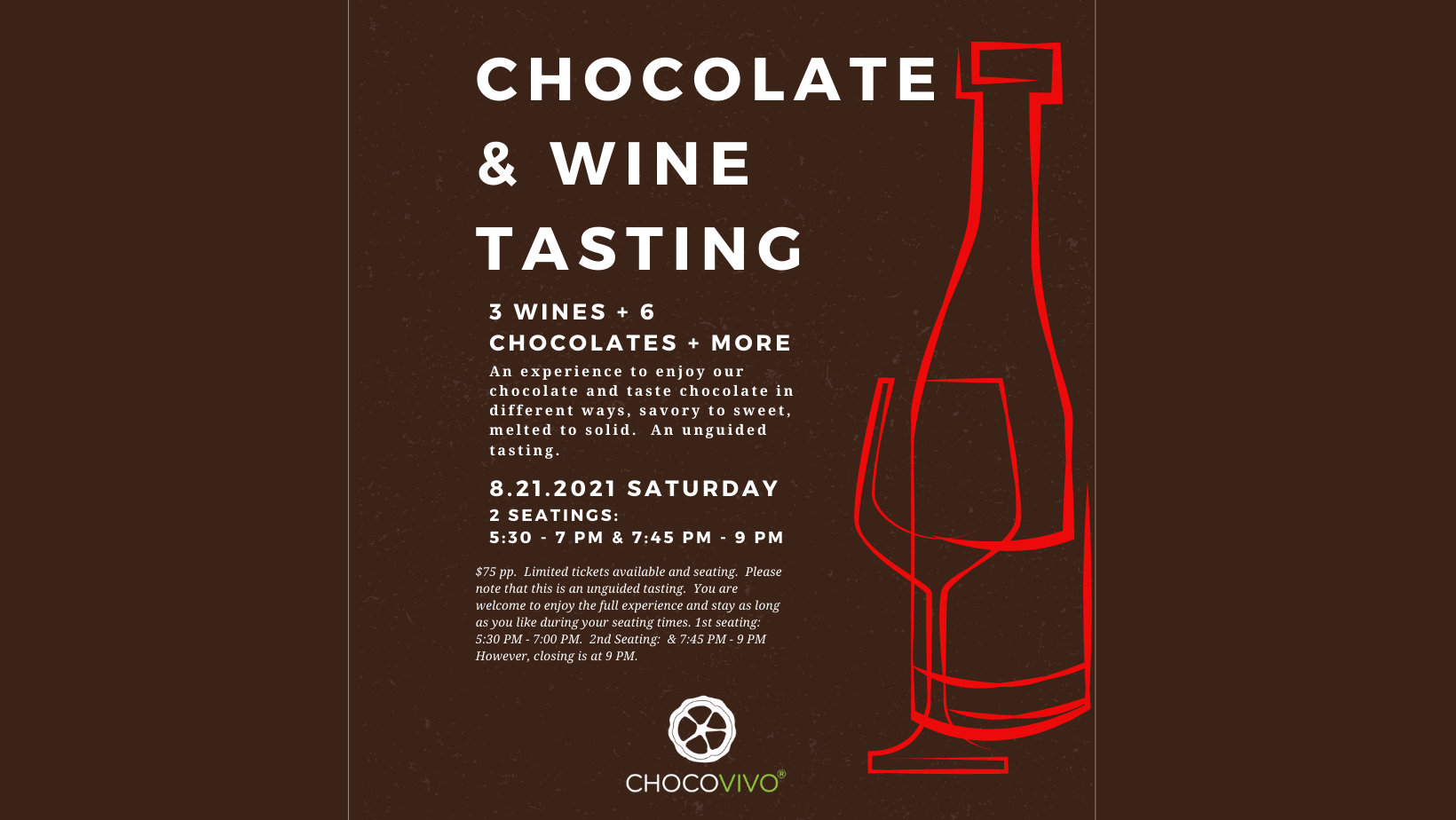 Dark Chocolate & Wine Tasting, Saturday, August 21, 2021