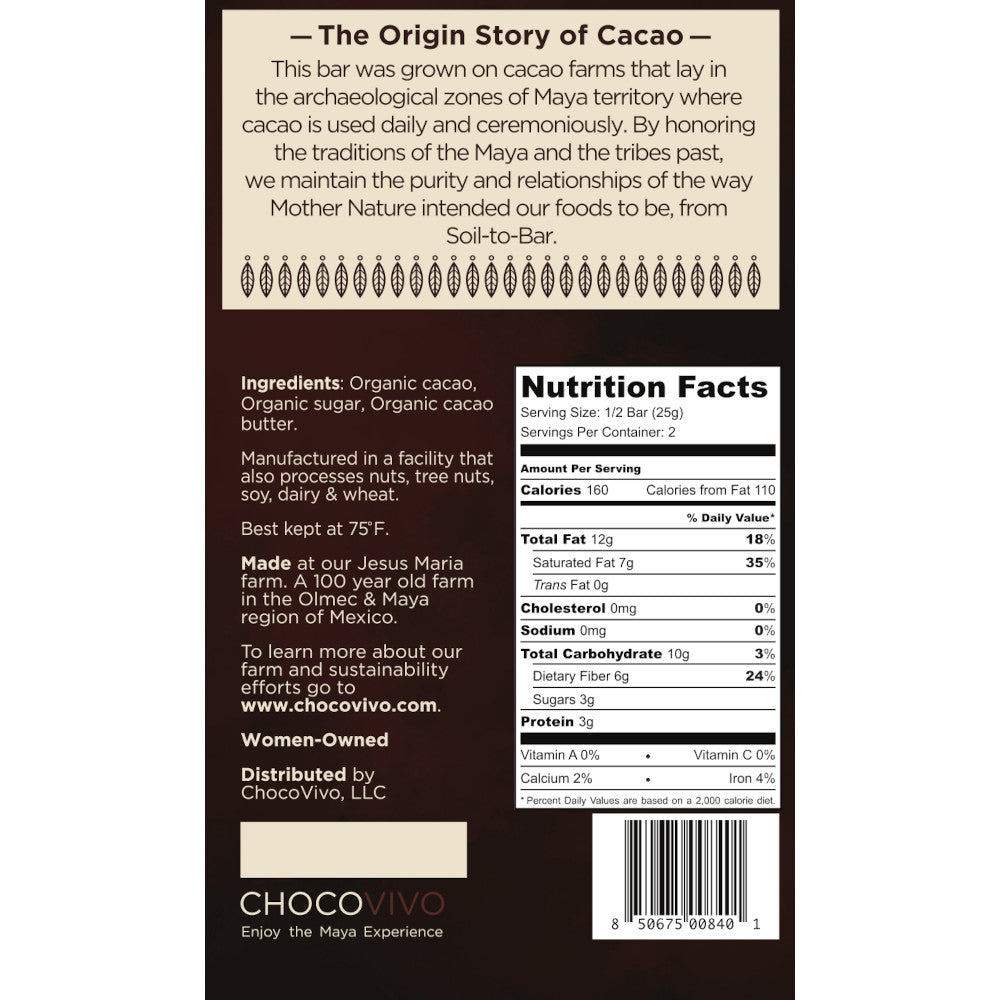 90% Cacao Bar - Back panel: Story, Ingredients, Nutrition Facts