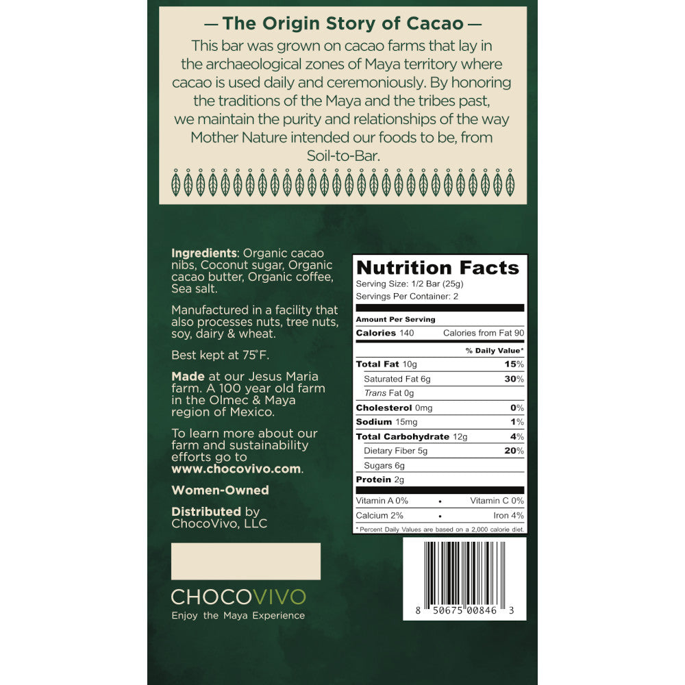 Cacao Coffee Crunch Dark Chocolate Bar - Back panel: Story, Ingredients, Nutrition Facts